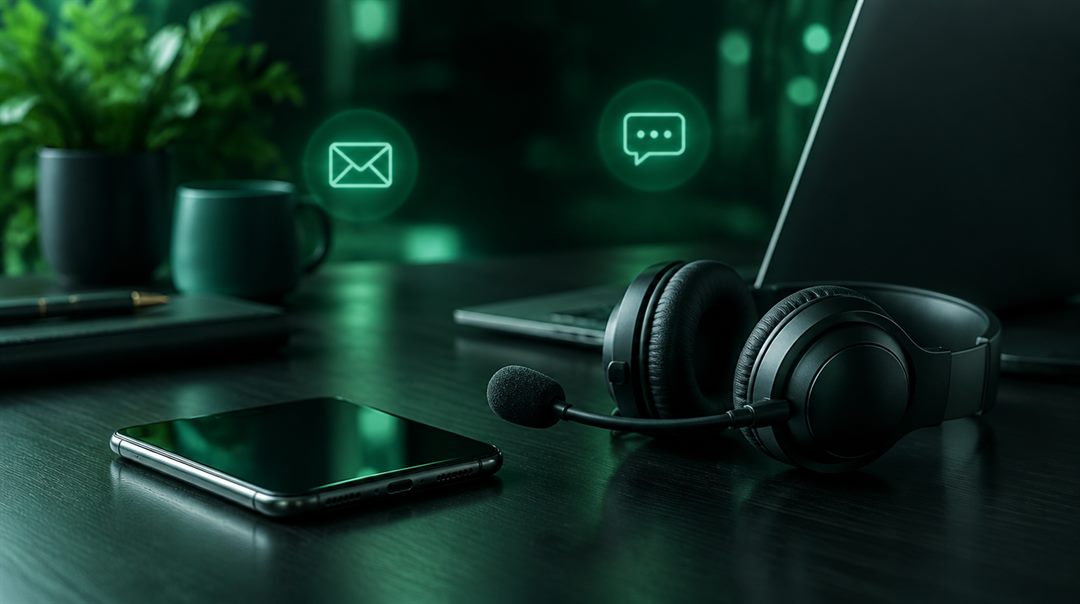 Support desk with a phone, laptop and headset