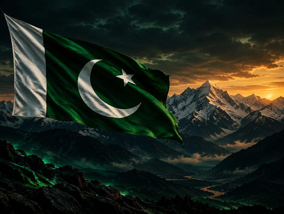 Pakistan flag waving over snow-capped mountains at dusk