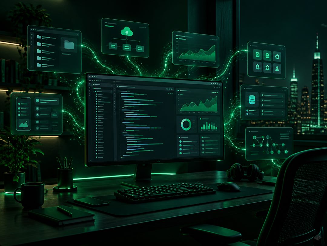 Developer workspace with dashboards and connected app windows